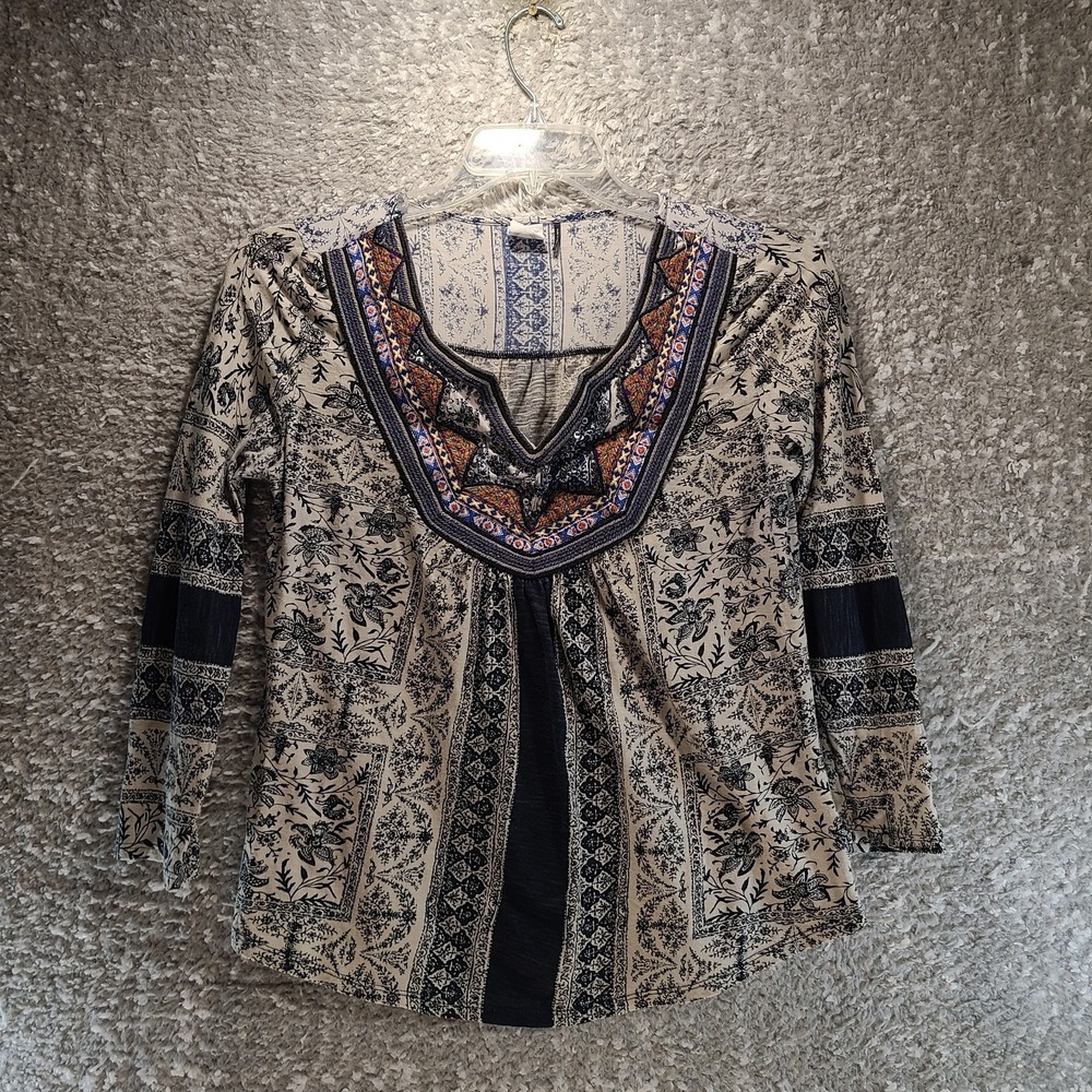 Akemi + Kin Top Women's S Navy Geo Print Beaded Embroidered Peasant Top